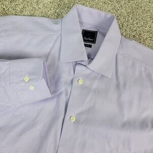 David Donahue Trim Mens 17.5-34/35 Purple White Check Button Up Long Sleeve